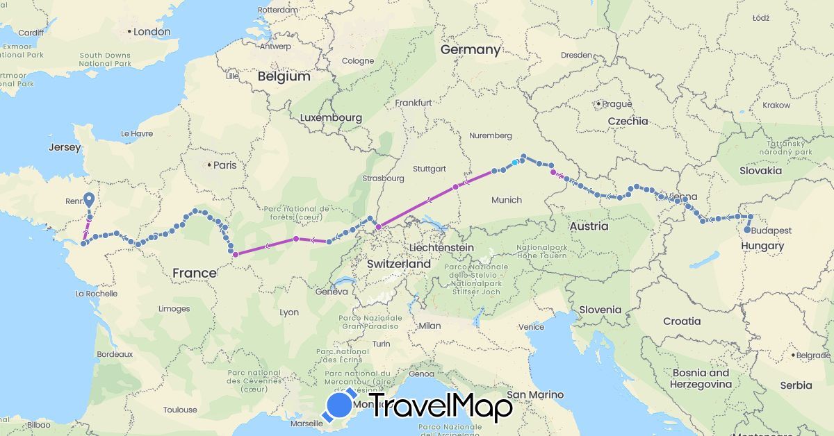 TravelMap itinerary: plane, cycling, train, boat in Austria, Switzerland, Germany, France, Hungary, Slovakia (Europe)