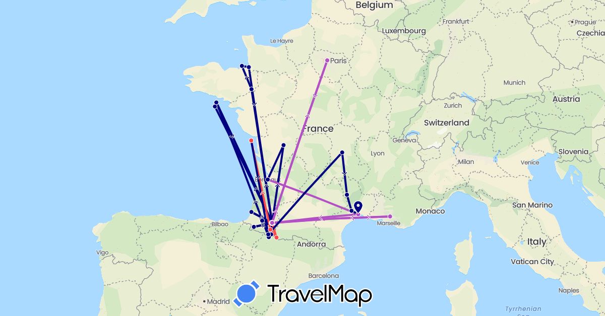 TravelMap itinerary: driving, train, hiking in Spain, France (Europe)