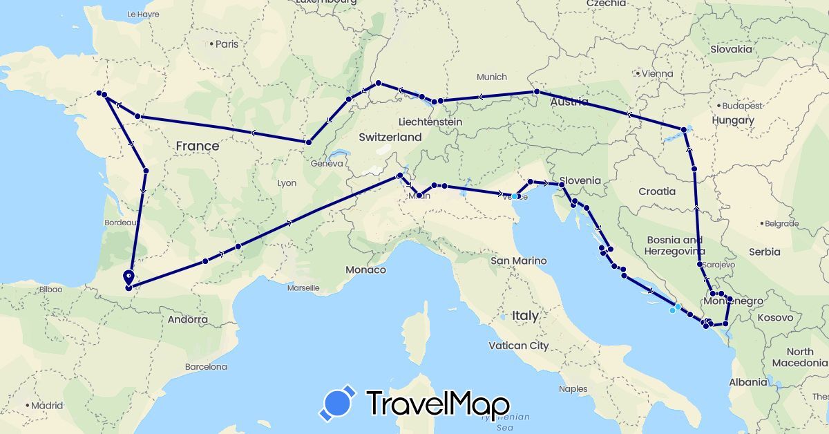 TravelMap itinerary: driving, boat in Austria, Bosnia and Herzegovina, Germany, France, Croatia, Hungary, Italy, Montenegro, Slovenia (Europe)